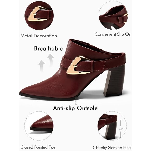 〽️Women\'s Wine Red Coutgo Pointed Chunky Heel Slip On Dress Stacked Booties main image 3